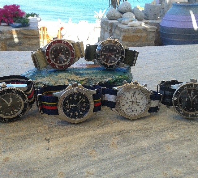 Nice collection of Breitling and Rolex with NATO straps from #cheapestnatostraps.com #breitling #rolex #rolexsubmariner #submariner #natostrap #natoband #watchband #watchstrap #klocksnack #watchuseek