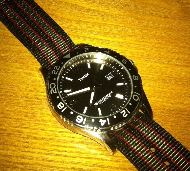 Timex Ameritus on a $5 James Bond striped NATO strap from #cheapestnatostraps.com #timex #timexameritus #natostrap #natoband #jamesbond