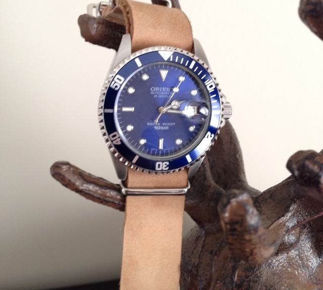 Orient on a $15 leather NATO strap from #cheapestnatostraps.com #leathernatostrap #natostrap #natoband #nato