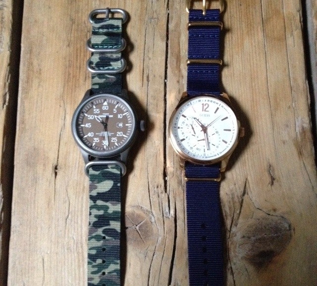 Timex and Guess on NATO straps from #cheapestnatostraps.com #timex #guess #natostrap #natoband #zulustrap