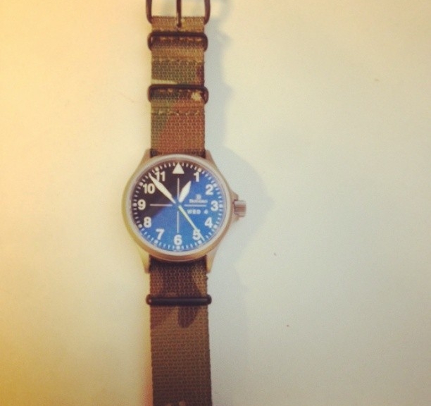 Pilot watch on a camo NATO strap with PVD hardware from #cheapestnatostraps #pilotwatch #natostrap #natoband