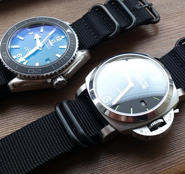 Marina Militare and Omega Seamaster Planet Ocean on PVD Zulu straps from #cheapestnatostraps.com #omegaseamaster #omega #seamaster #marinamilitare #panerai #zulustrap #natostrap #natoband