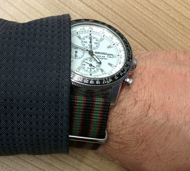 Seiko Solar chronograph on a James Bond striped NATO strap from #cheapestnatostraps.com #seiko #chronograph #natostrap #natoband
