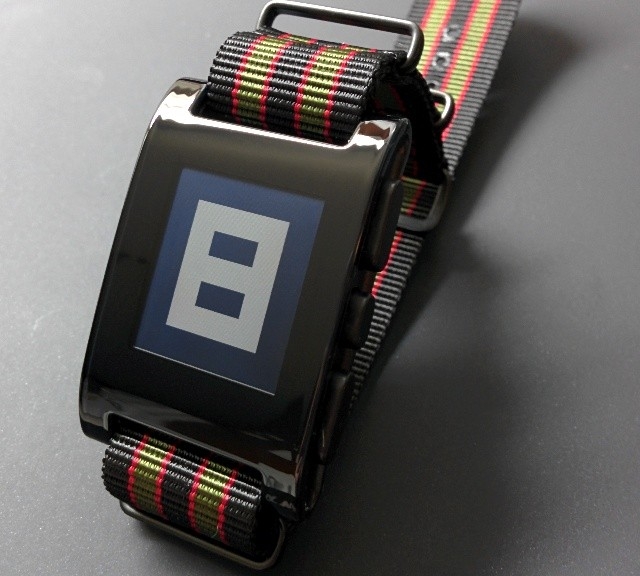 Pebble Smartwatch on a PVD coated James Bond striped NATO strap from #cheapestnatostraps.com #pebble #smartwatch #natostrap #natoband #jamesbond