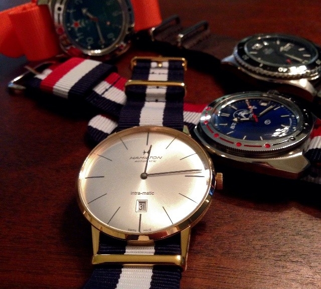 Hamilton on a gold buckle NATO strap from #cheapestnatostraps.com #hamilton #goldwatch #natostrap #natoband