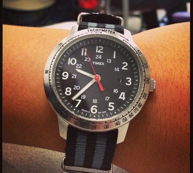 Timex on a James Bond striped NATO strap from #cheapestnatostraps.com #timex #natostrap #natoband #instawatch