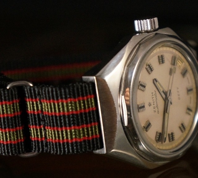 Zenith Defy on a James Bond striped NATO strap from #cheapestnatostraps.com #zenith #vintagewatch #natostrap #natoband #jamesbond #instawatch