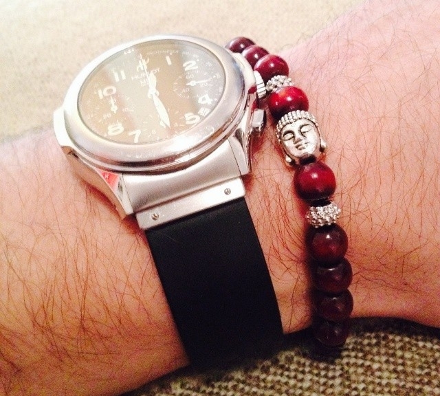 Hublot and red wood Buddha bracelet from #cheapestnatostraps.com #hublot #bracelet