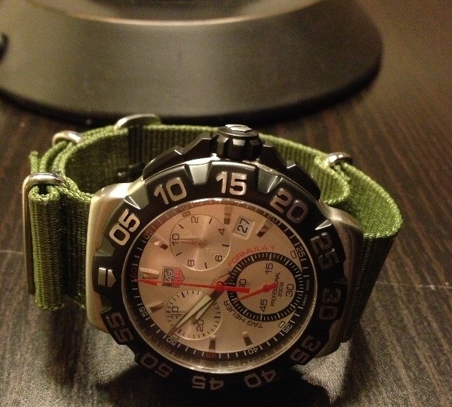 Tag Heuer chronograph on a khaki green NATO strap from #cheapestnatostraps.com #tagheuer #chronograph #diverswatch #natostrap #natoband #klocksnack #watchuseek #watchband #watchstrap