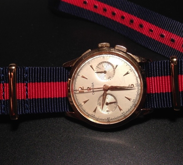 Vintage Omega on a premium navy and red NATO strap from #cheapestnatostraps.com #omega #vintagewatch #natostrap #natoband #klocksnack #watchuseek