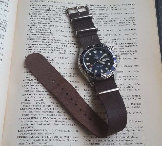Orient Blue Mako on a vintage brown leather NATO strap from #cheapestnatostraps.com #orientmako #orient #leathernatostrap #natostrap #natoband #klocksnack #watchuseek #watchband #watchstrap