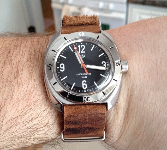 Vostok Amphibia on a leather NATO strap from #cheapestnatostraps.com #vostokamphibia #vostok #russianwatch #leathernatostrap #natostrap #natoband #klocksnack #watchuseek