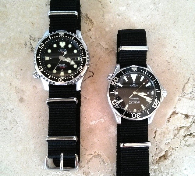 Omega Seamaster and Citizen on NATO straps from #cheapestnatostraps.com #omegaseamaster #omega #seamaster #citizen #diverswatch #natostrap #natoband #klocksnack #watchuseek