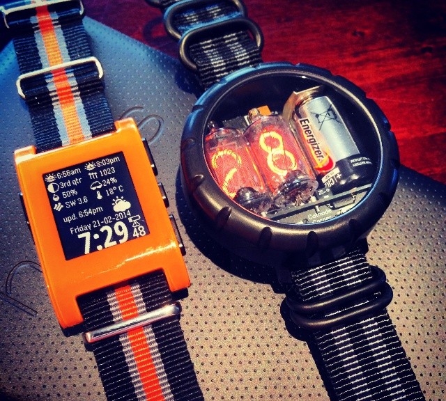 Pebble Smartwatch on a black gray and orange NATO strap from #cheapestnatostraps.com #natostrap #natoband #pebble #pebblesmartwatch #smartwatch #klocksnack #watchuseek #watchband #watchstrap