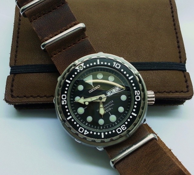 Seiko Tuna on a leather NATO strap from #cheapestnatostraps.com #seiko #seikotuna #leathernatostrap #natostrap #natoband #klocksnack #watchuseek