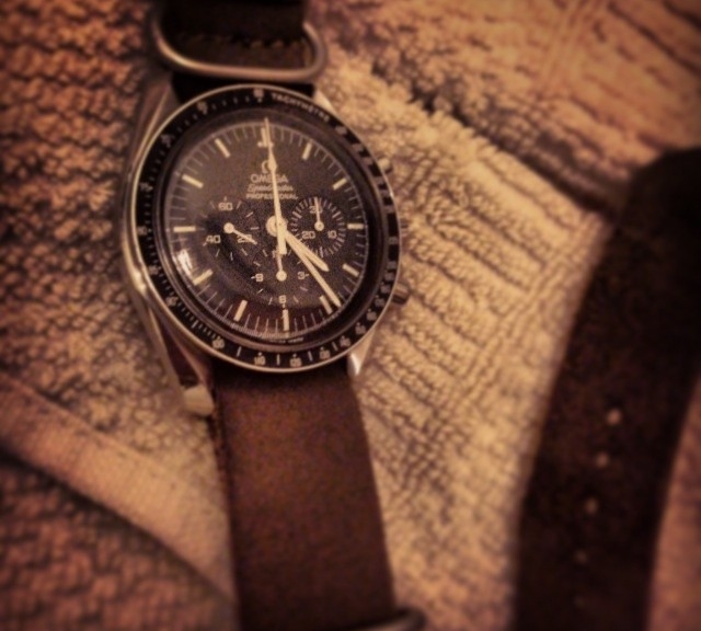 Omega Speedmaster on a leather Zulu strap from #cheapestnatostraps.com #omegaspeedmaster #speedmaster #omega #zulustrap #leathernatostrap #natostrap #natoband #klocksnack #watchuseek