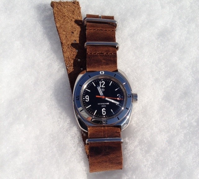 Vostok Amphibia on a leather NATO strap from #cheapestnatostraps.com #vostok #vostokamphibia #klocksnack #watchuseek #leathernatostrap #natostrap #natoband