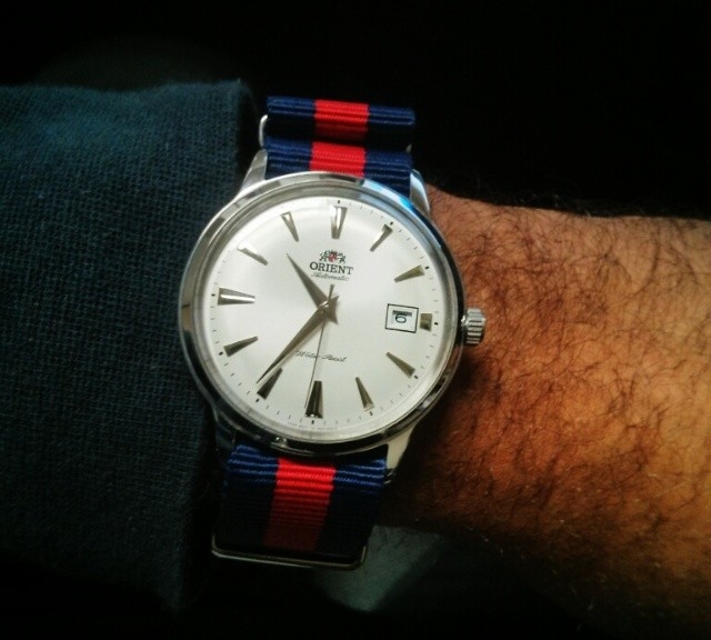 Orient watch on a navy blue and red NATO strap from #cheapestnatostraps.com #orient #natostrap #natoband #klocksnack #watchuseek #watchband #watchstrap