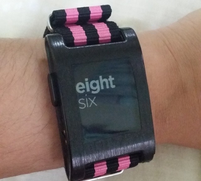 Pebble Smartphone on a black and pink NATO strap from #cheapestnatostraps.com #pebble #pebblesmartwatch #smartwatch #natostrap #natoband #klocksnack #watchuseek #watchband #watchstrap