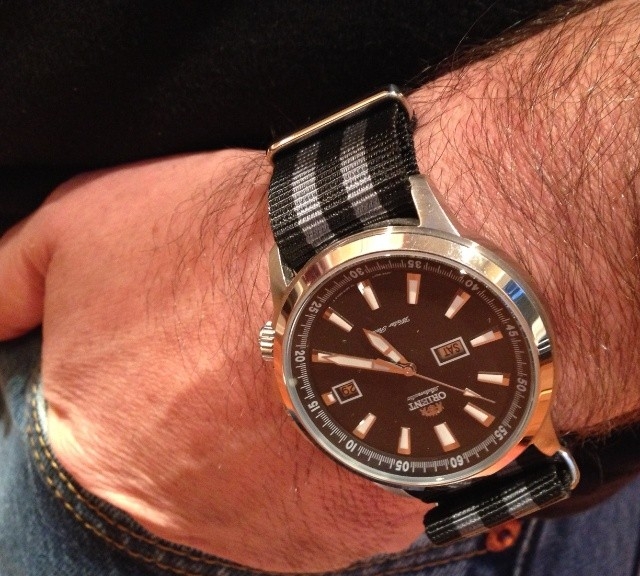 Orient watch on a James Bond striped NATO strap from #cheapestnatostraps.com #orient #jamesbond #natostrap #natoband #klocksnack #watchuseek #watchband #watchstrap