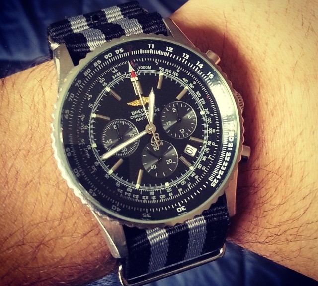 @godwingeorge's Breitling Navitimer 01 on a black and gray James Bond striped NATO strap from #cheapestnatostraps.com #breitling #jamesbond #pilotwatch #natostrap #natoband #klocksnack #watchuseek #watchband #watchstrap
