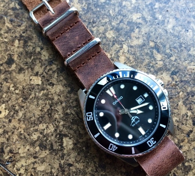 @nolan666's Casio watch on a leather NATO strap from #cheapestnatostraps.com #casio #diverswatch #leathernatostrap #natostrap #natoband #klocksnack #watchuseek #watchband #watchstrap