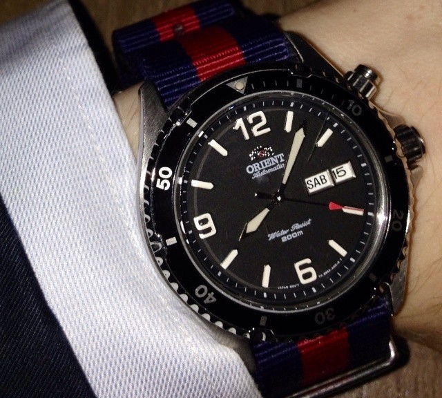 Orient watch on a navy blue and red NATO strap from #cheapestnatostraps.com #orient #natostrap #natoband #klocksnack #watchuseek #watchband #watchstrap
