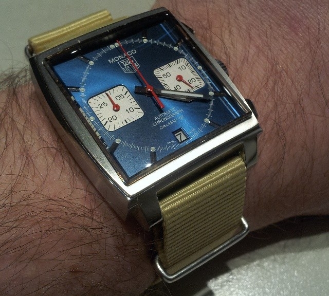 TagHeuer Monaco on a sand beige NATO strap from #cheapestnatostraps.com #tagheuer #monaco #tagheuermonaco #natostrap #natoband #klocksnack #watchuseek #watchband #watchstrap