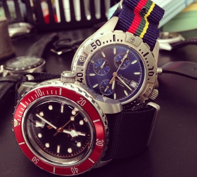 Black Bay Tribute watch and a Bulova Caravelle with NATO straps from #cheapestnatostraps.com #blackbaytribute #bulova #diverswatch #natostrap #natoband #klocksnack #watchuseek #watchband #watchstrap