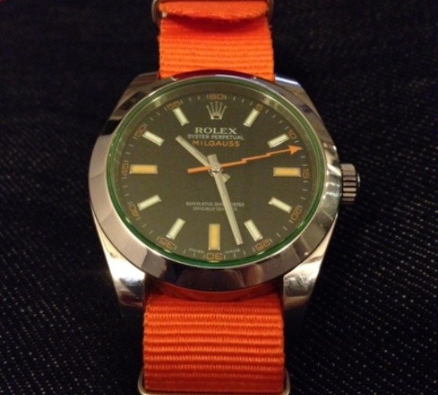 Rolex Milgauss on a solid orange NATO strap from #cheapestnatostraps.com #rolex #milgauss #rolexmilgauss #natostrap #natoband #klocksnack #watchuseek #instawatch #watchesofinstagram