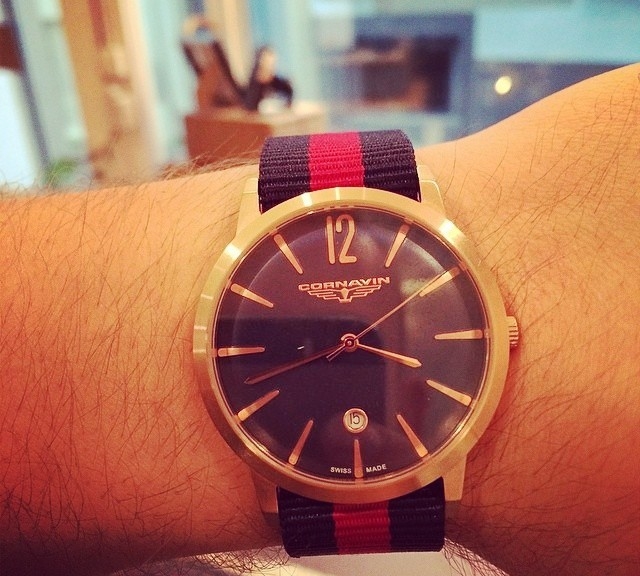 Cornavin watch on a navy blue and red NATO strap from #cheapestnatostraps.com #cornavin #natostrap #natoband #klocksnack #watchuseek #instawatch #watchesofinstagram