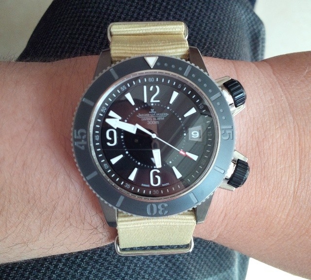 Jaeger LeCoultre Navy Seals Alarm on a sand beige NATO strap from #cheapestnatostraps.com #jaegerlecoultre #jlc #navyseals #natostrap #natoband #klocksnack #watchuseek #instawatch #watchesofinstagram